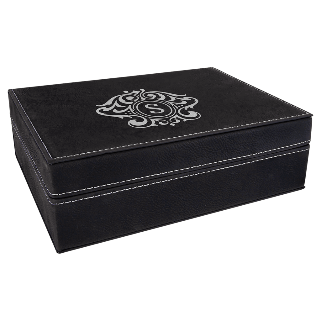 8" x 6 3/8" Black/Silver Laserable Leatherette Premium Gift Box