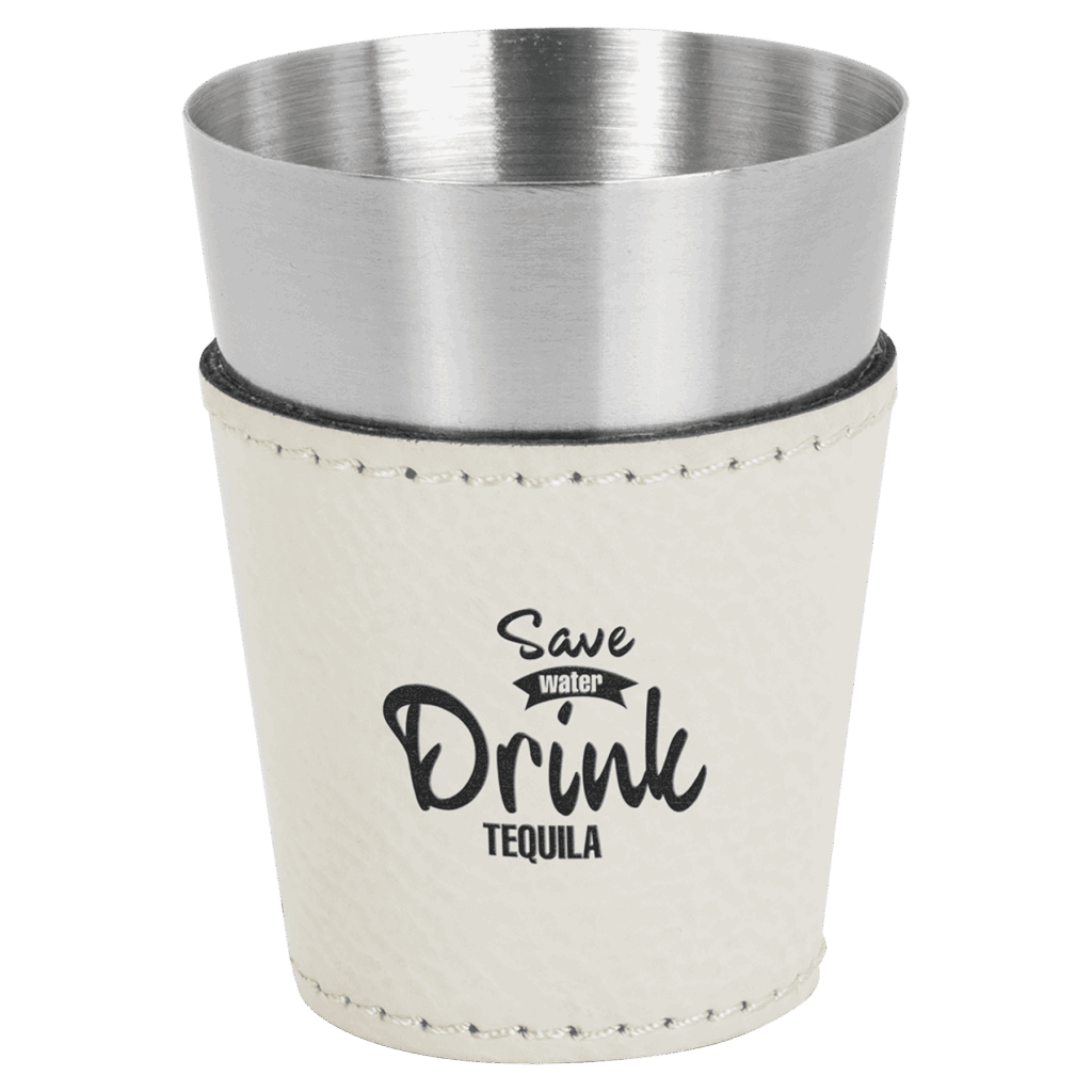 2 oz. White Laserable Leatherette & Stainless Steel Shot Glass