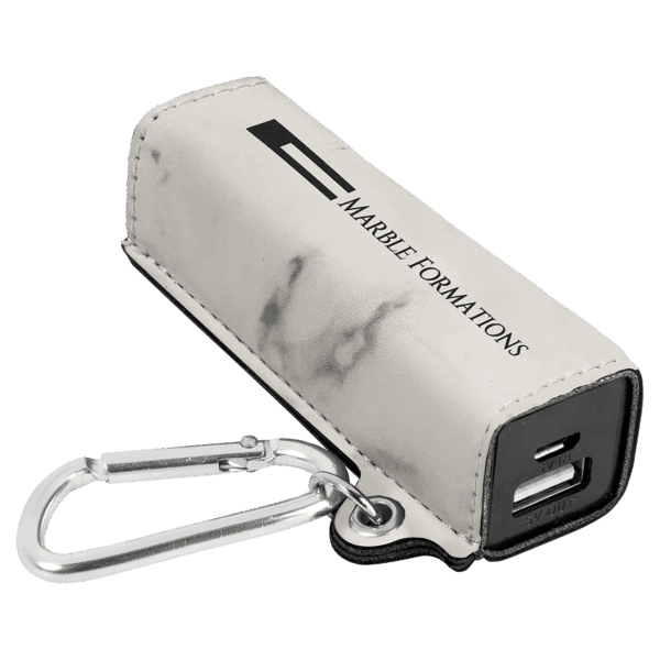 White Marble Laserable Leatherette 2200 mAh Power Bank with USB Cord