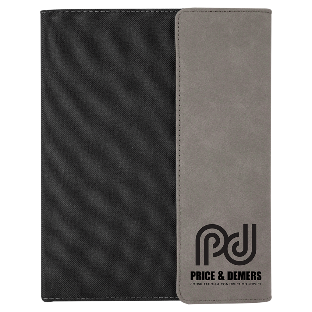 7" x 9" Gray Laserable Leatherette / Black Canvas Portfolio with Notepad