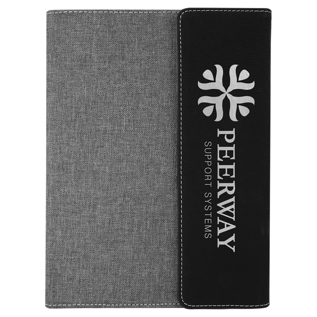 7" x 9" Black/Silver Laserable Leatherette /Gray Canvas Portfolio with Notepad