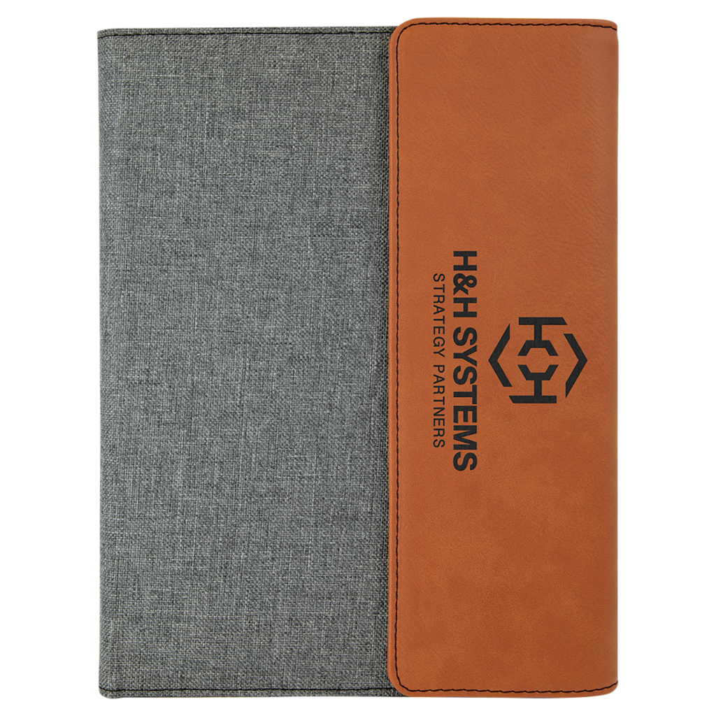 7" x 9" Rawhide Laserable Leatherette / Gray Canvas Portfolio with Notepad