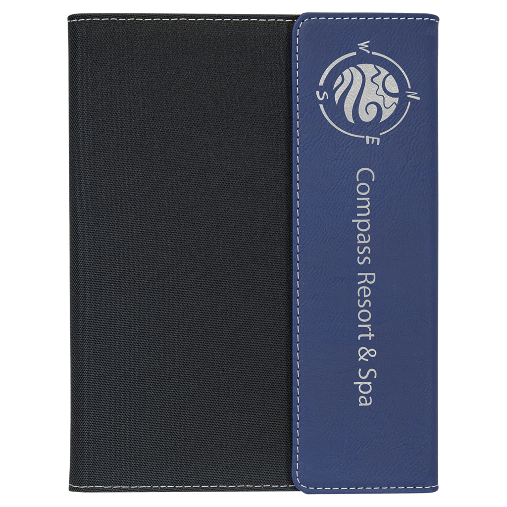 7" x 9" Blue/Silver Laserable Leatherette / Black Canvas Portfolio with Notepad