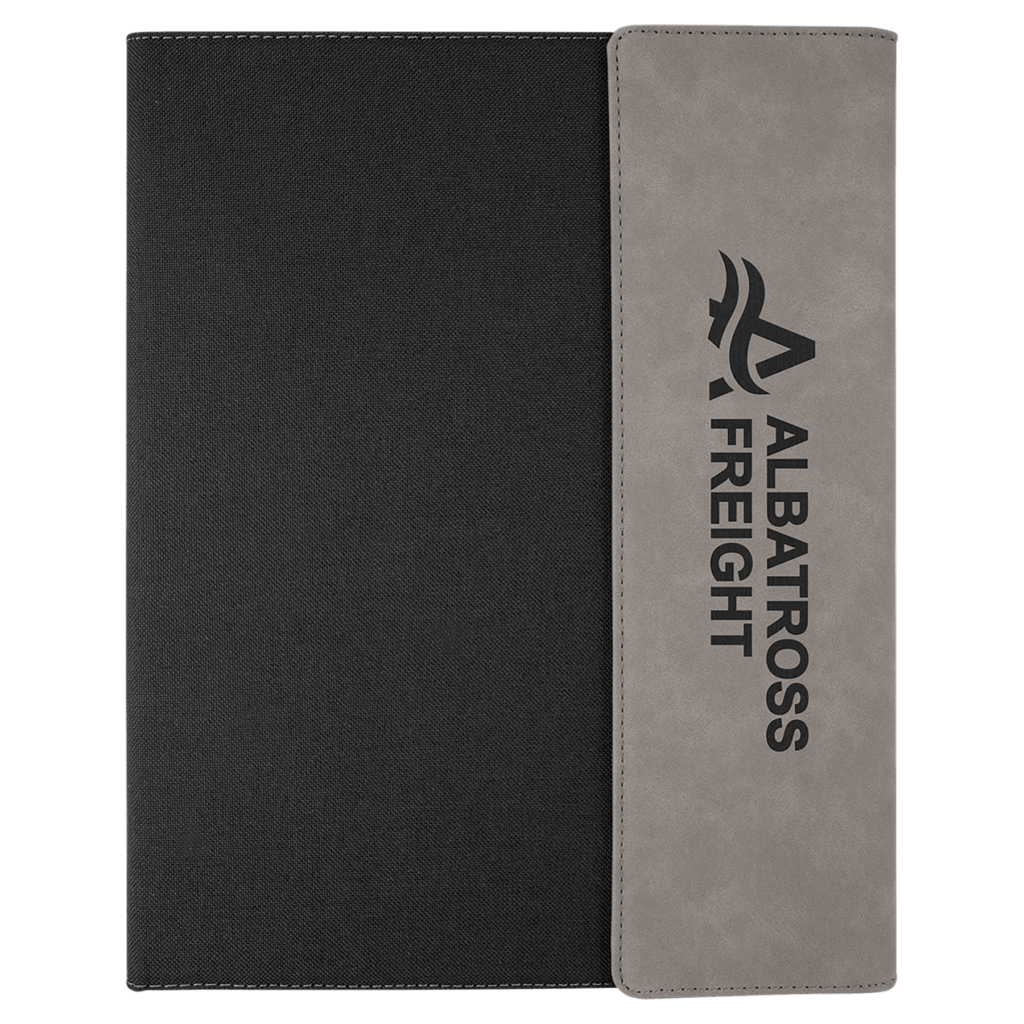 9 1/2" x 12" Gray Laserable Leatherette / Black Canvas Portfolio w / Notepad