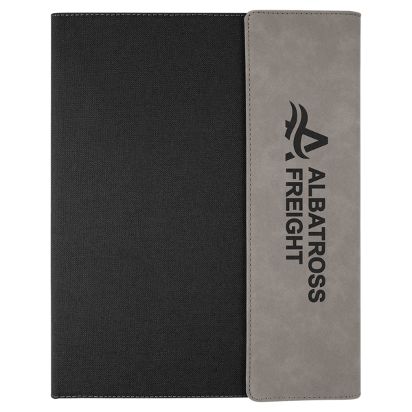 9 1/2" x 12" Gray Laserable Leatherette / Black Canvas Portfolio w / Notepad