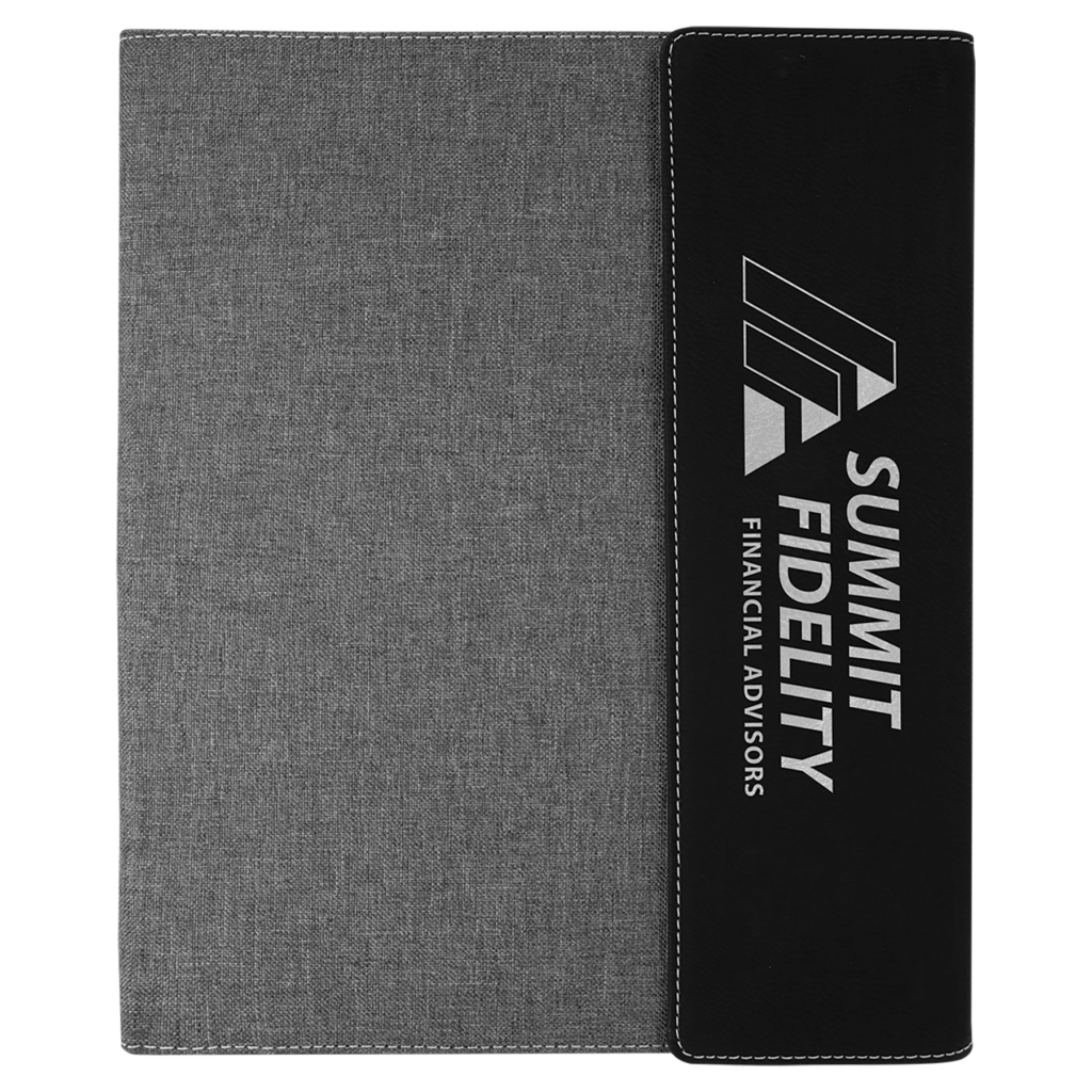 9 1/2"x12" Black/Silver Laserable Leatherette / Gray Canvas Portfolio w/Notepad