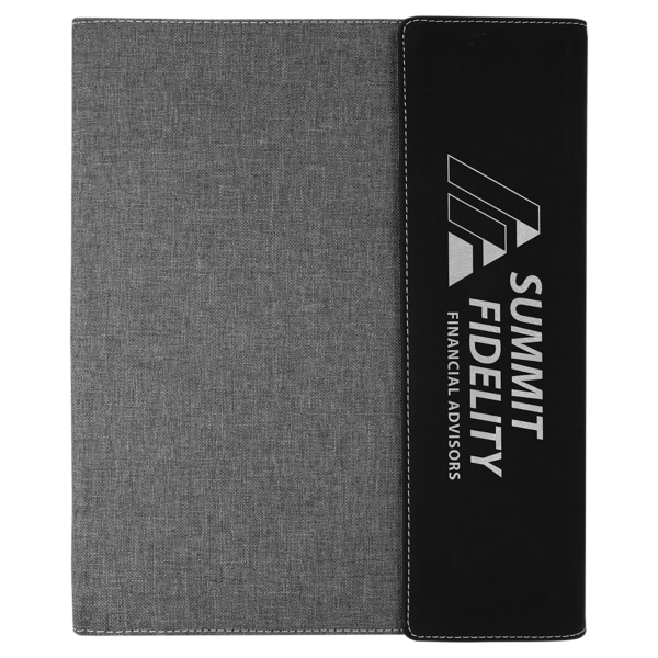 9 1/2"x12" Black/Silver Laserable Leatherette / Gray Canvas Portfolio w/Notepad