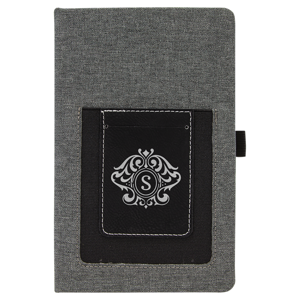 5 1/4" x 8 1/4" Gray w/Black Laserable Leatherette Journal with Cell/Card Slot