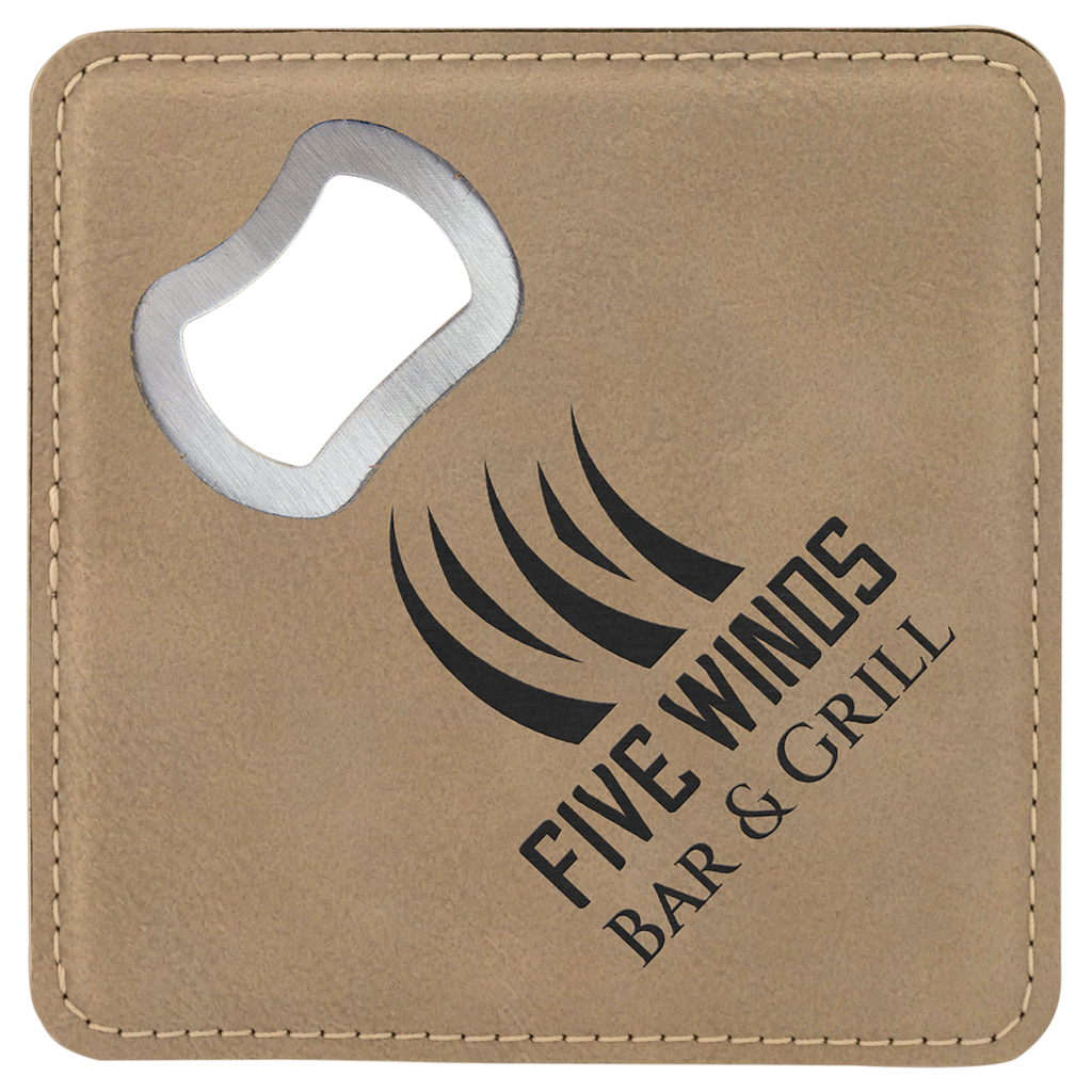 4" x 4" Square Light Brown Laserable Leatherette Bottle Opener Coaster