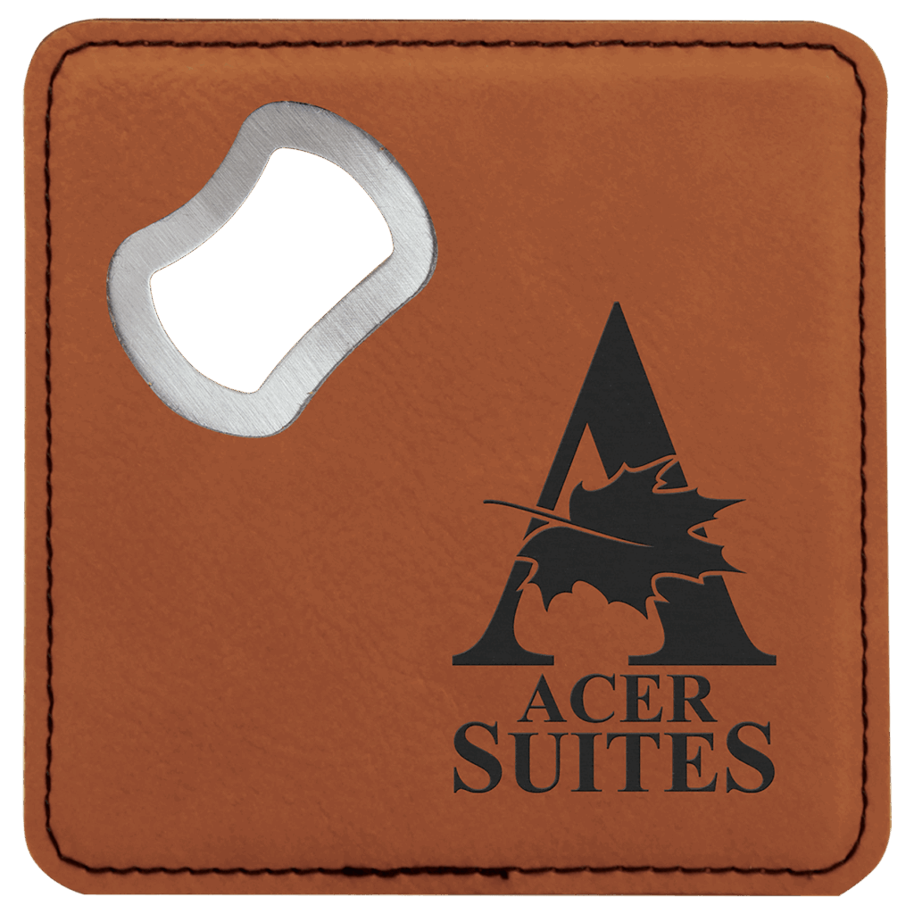 4" x 4" Square Rawhide Laserable Leatherette Bottle Opener Coaster