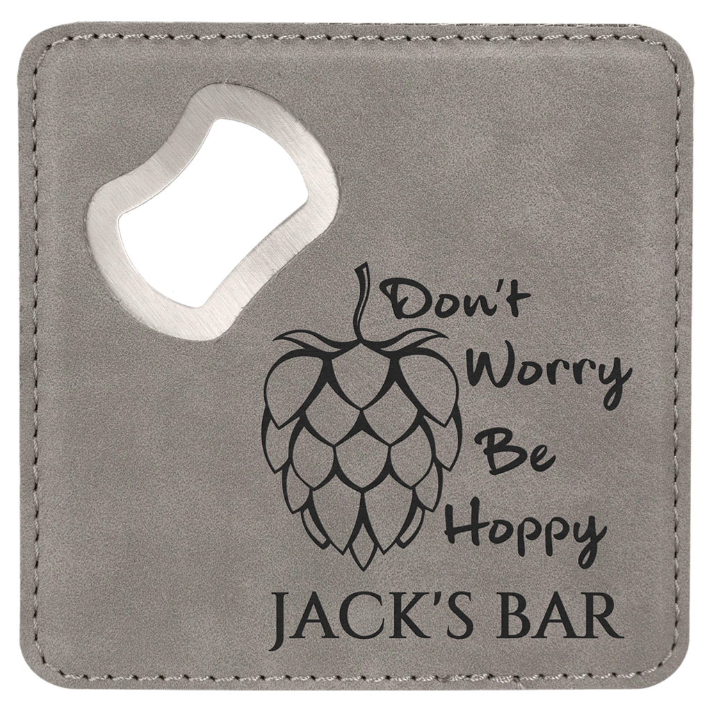 4" x 4" Square Gray Laserable Leatherette Bottle Opener Coaster