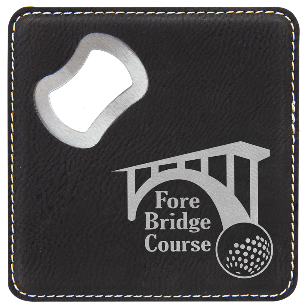 4" x 4" Square Black/Silver Laserable Leatherette Coaster with Bottle Opener