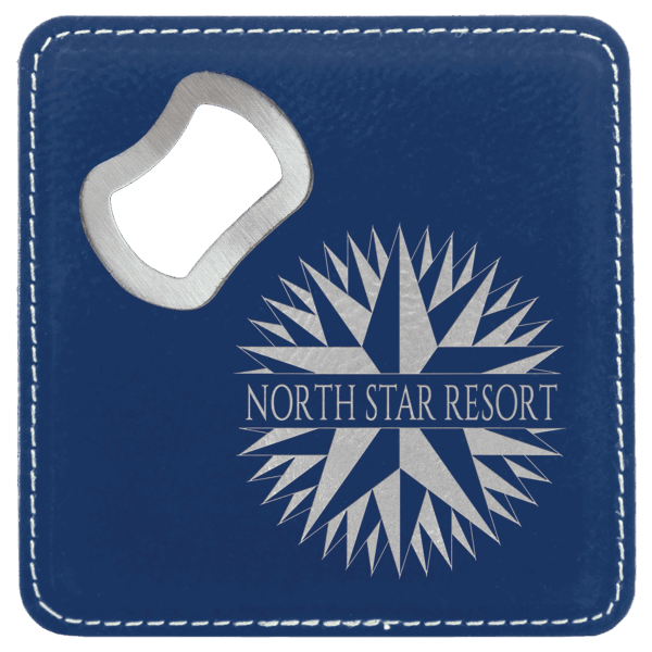 4" x 4" Square Blue/Silver Laserable Leatherette Coaster with Bottle Opener