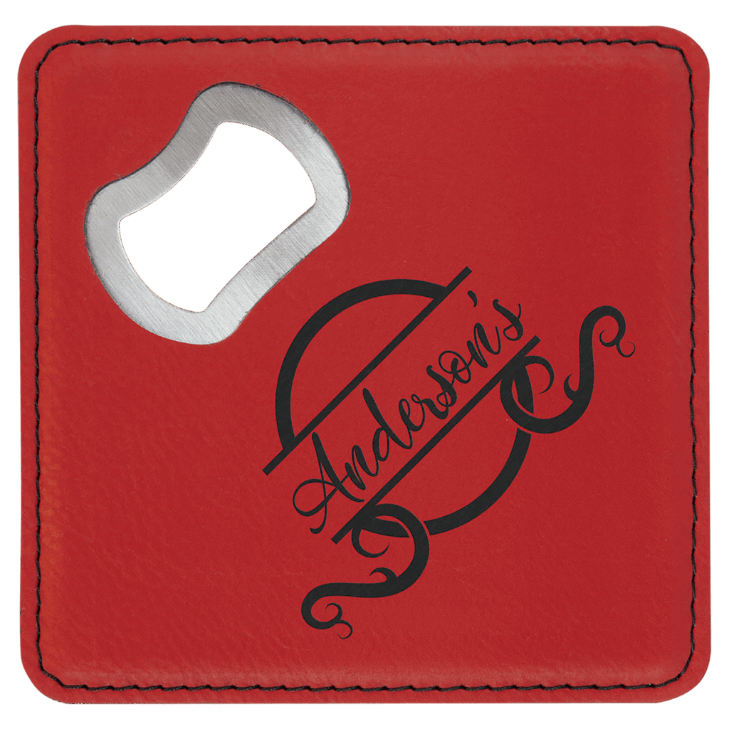 4" x 4" Square Red Laserable Leatherette Bottle Opener Coaster