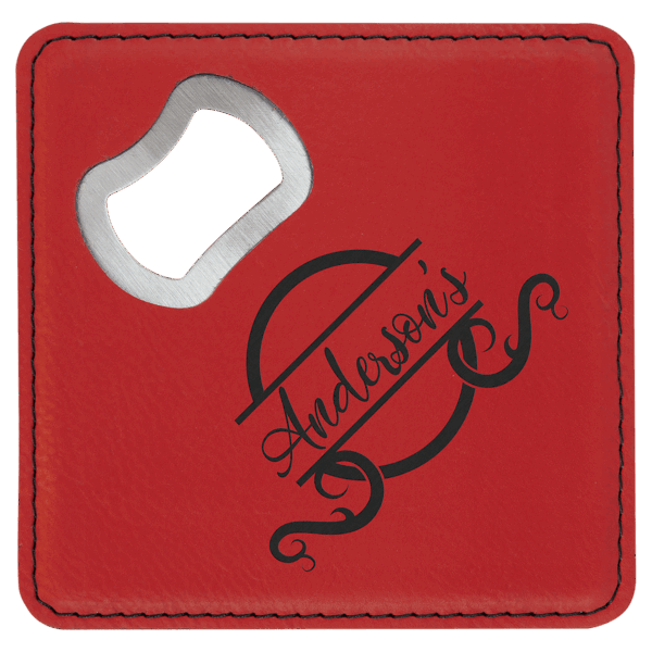 4" x 4" Square Red Laserable Leatherette Bottle Opener Coaster