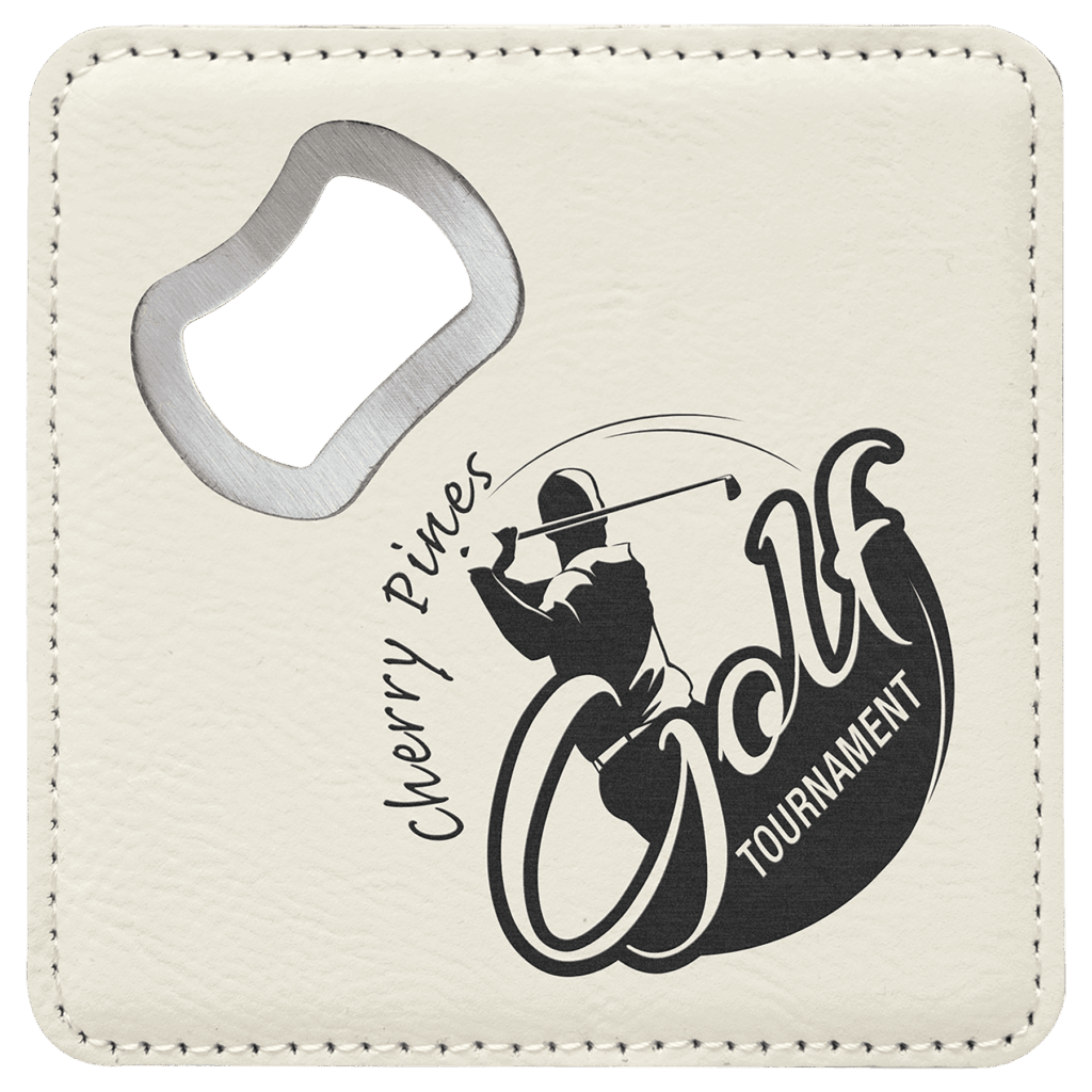 4" x 4" Square White Laserable Leatherette Bottle Opener Coaster