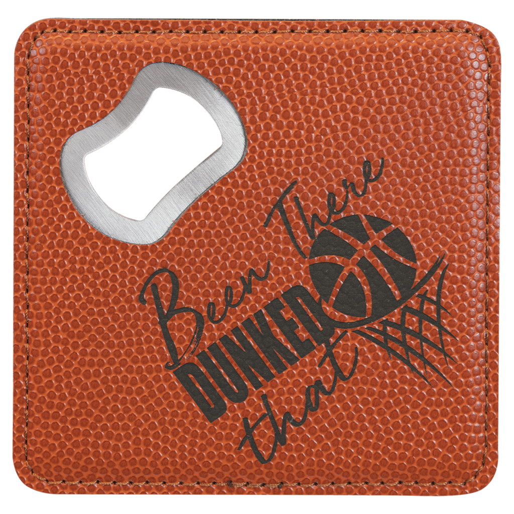 4" x 4" Square Basketball Laserable Leatherette Bottle Opener Coaster