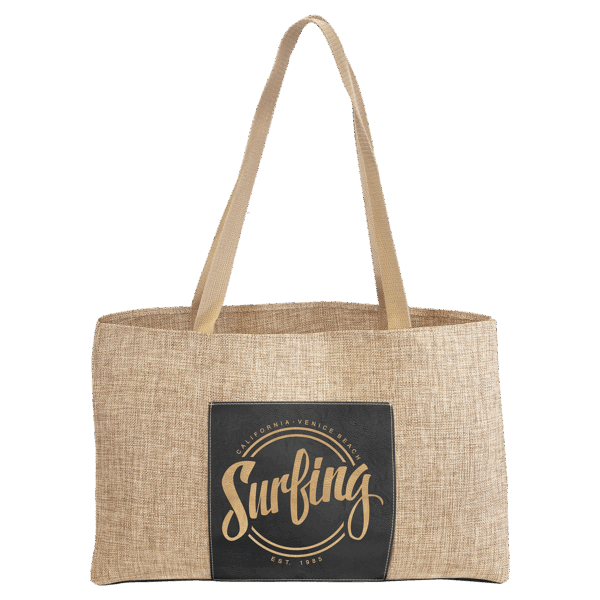 19" x 12" Burlap Bag with 5" Black/Gold Laserable Leatherette Gusset