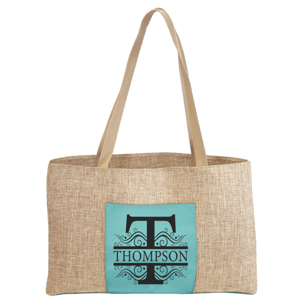 19" x 12" Burlap Bag with 5" Teal Laserable Leatherette Gusset