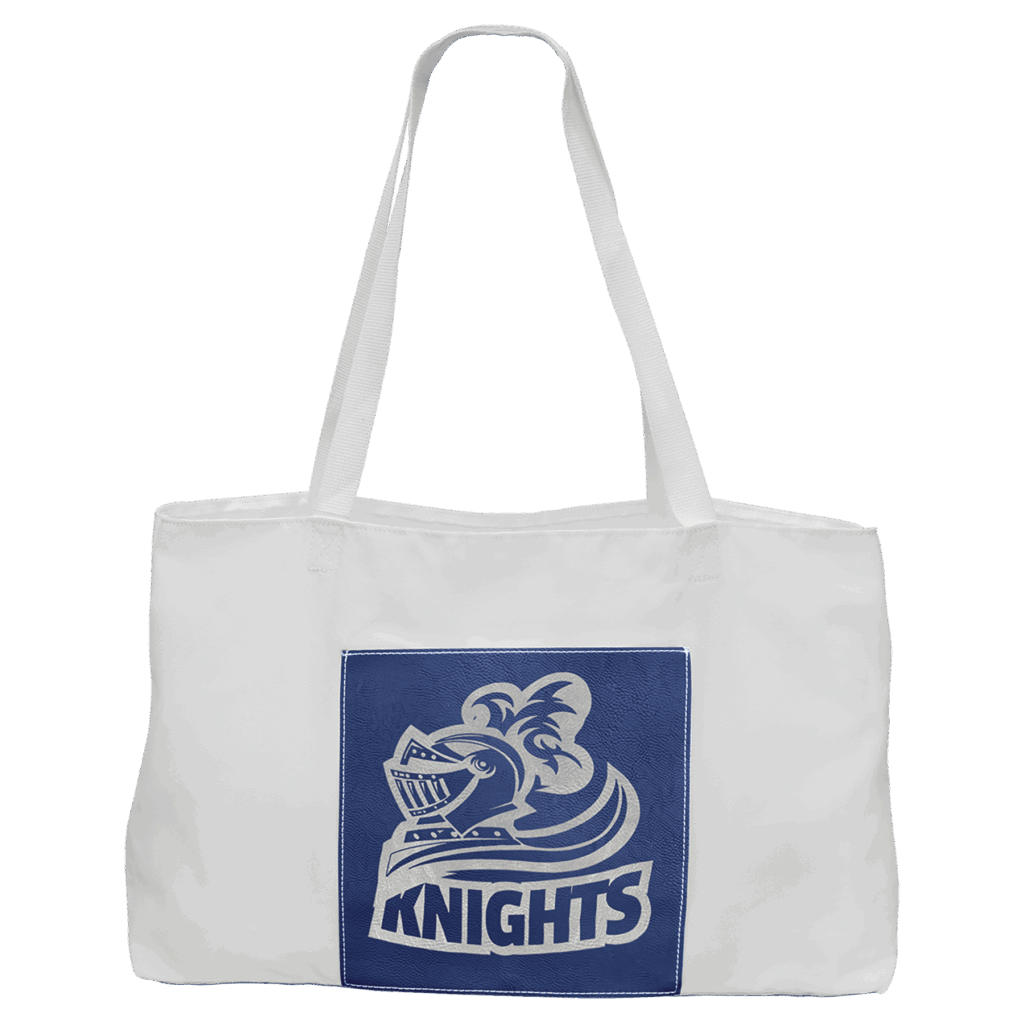 19" x 12" White Bag with 5" Blue/Silver Laserable Leatherette Gusset