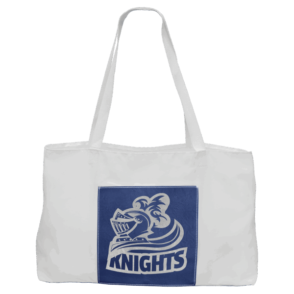 19" x 12" White Bag with 5" Blue/Silver Laserable Leatherette Gusset