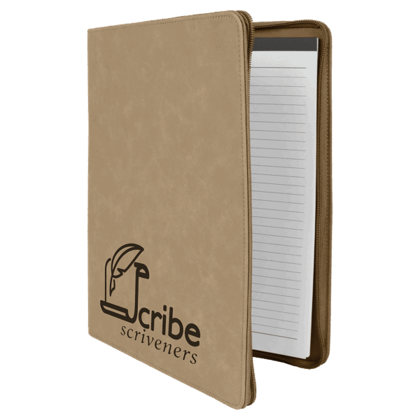 9 1/2" x 12" Light Brown w/ Zipper Laserable Leatherette Portfolio with Notepad