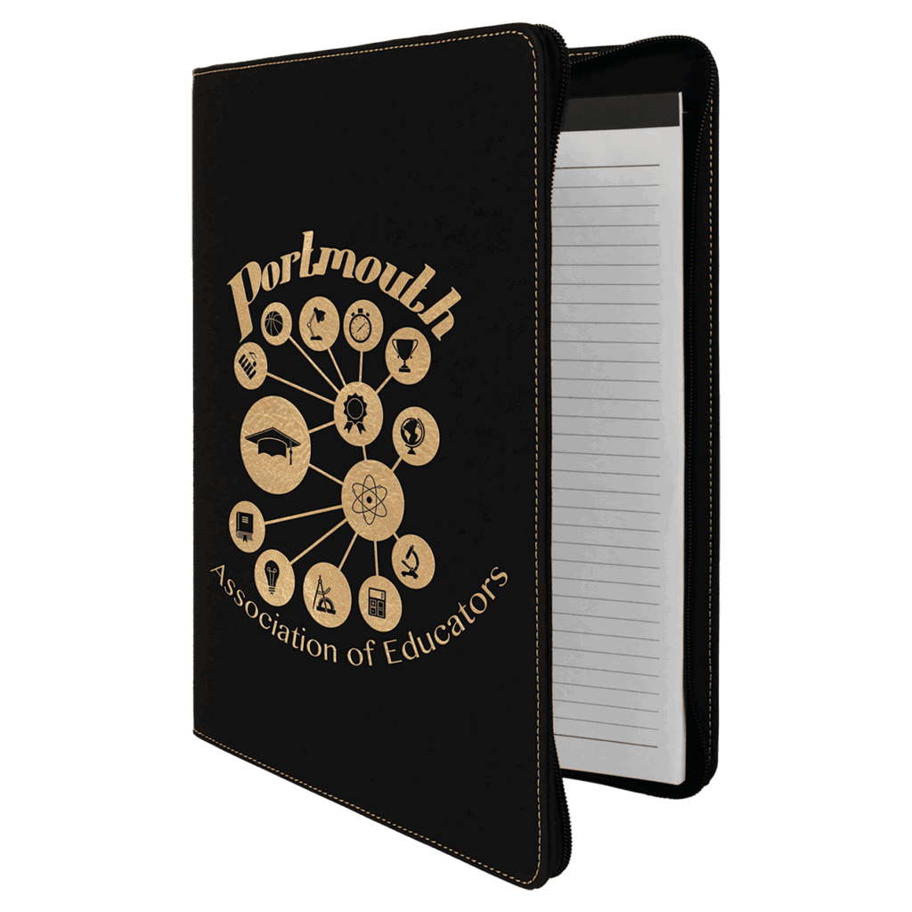 9 1/2" x 12" Black/Gold with Zipper Laserable Leatherette Portfolio with Notepad