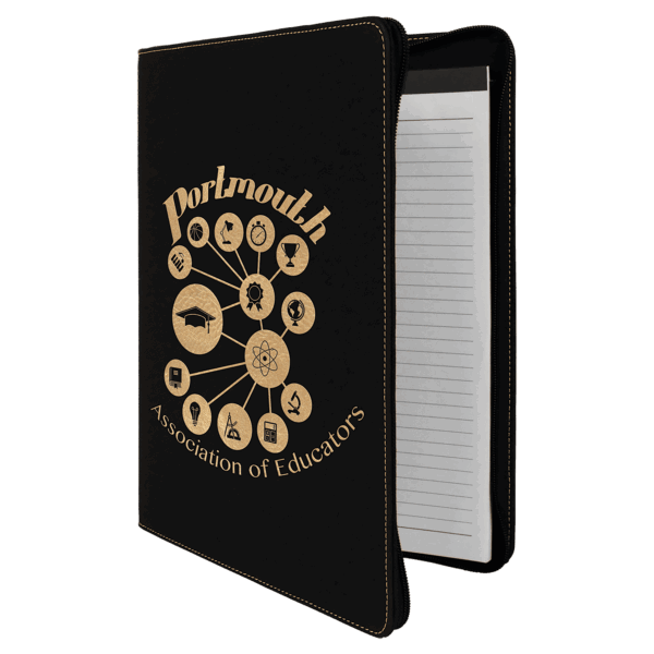 9 1/2" x 12" Black/Gold with Zipper Laserable Leatherette Portfolio with Notepad