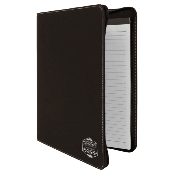 9 1/2" x 12" Black/Silver w/ Zipper Laserable Leatherette Portfolio with Notepad