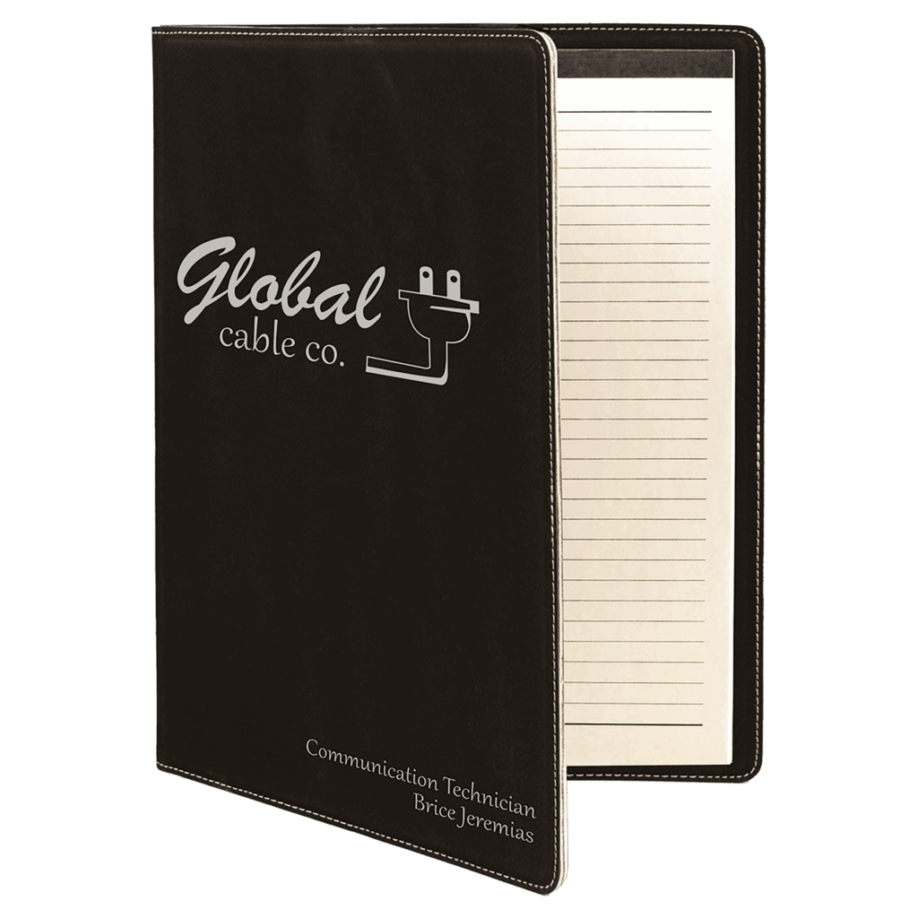 9 1/2" x 12" Black/Silver Laserable Leatherette Portfolio with Notepad