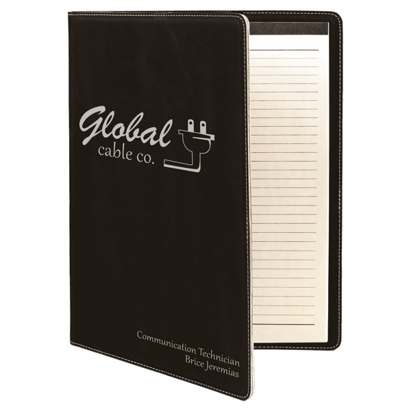 9 1/2" x 12" Black/Silver Laserable Leatherette Portfolio with Notepad