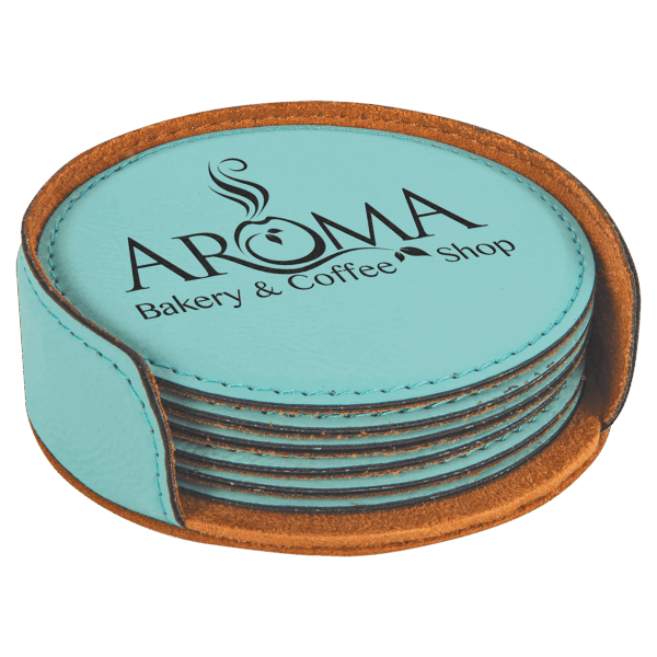 4" Teal Round Laserable Leatherette 6-Coaster Set