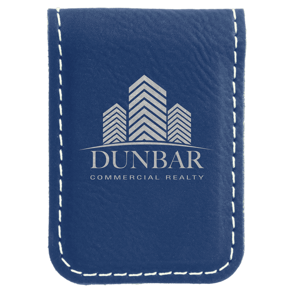 1 3/4" x 2 1/2" Blue/Silver Laserable Leatherette Money Clip
