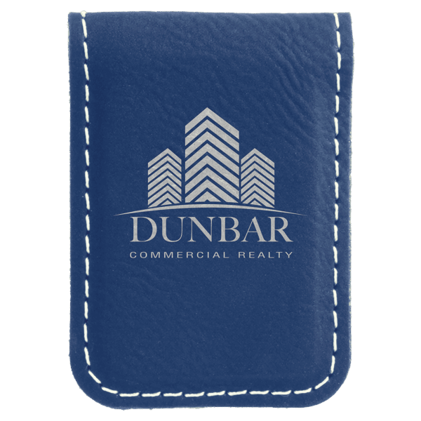 1 3/4" x 2 1/2" Blue/Silver Laserable Leatherette Money Clip