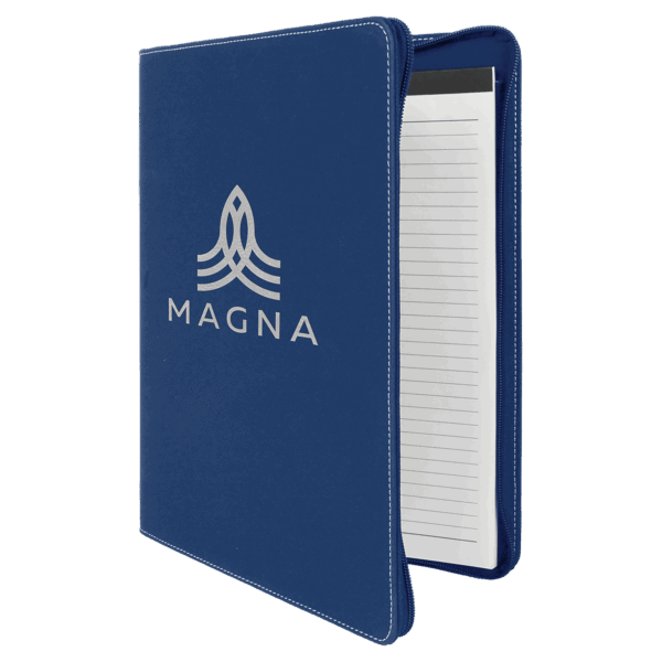 9 1/2" x 12"  Blue/Silver w/ Zipper Laserable Leatherette Portfolio with Notepad