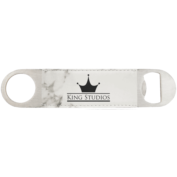 1 1/2" x 7" White Marble Laserable Leatherette Bottle Opener