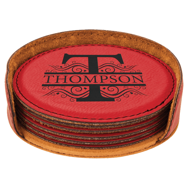 4" Red Laserable Leatherette Round 6-Coaster Set