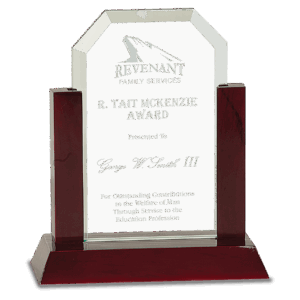 7" Gateway Jade Clip Corner Glass Award with Rosewood Finish Base