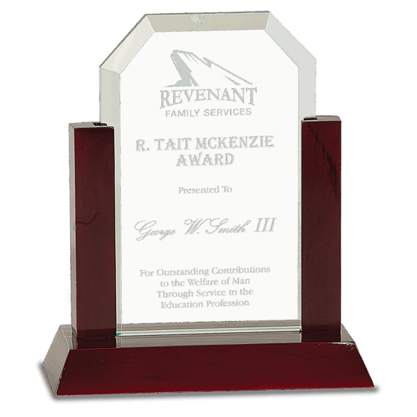 7" Gateway Jade Clip Corner Glass Award with Rosewood Finish Base