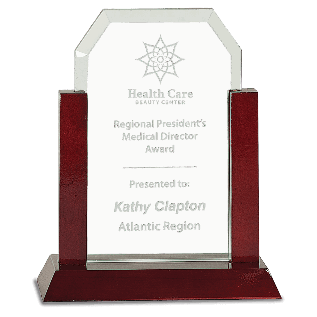 8" Gateway Jade Clip Corner Glass Award with Rosewood Finish Base