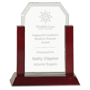 8" Gateway Jade Clip Corner Glass Award with Rosewood Finish Base