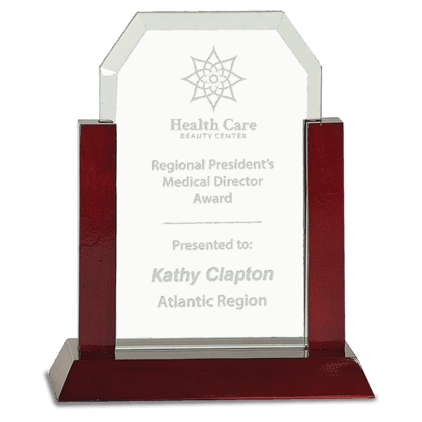 8" Gateway Jade Clip Corner Glass Award with Rosewood Finish Base