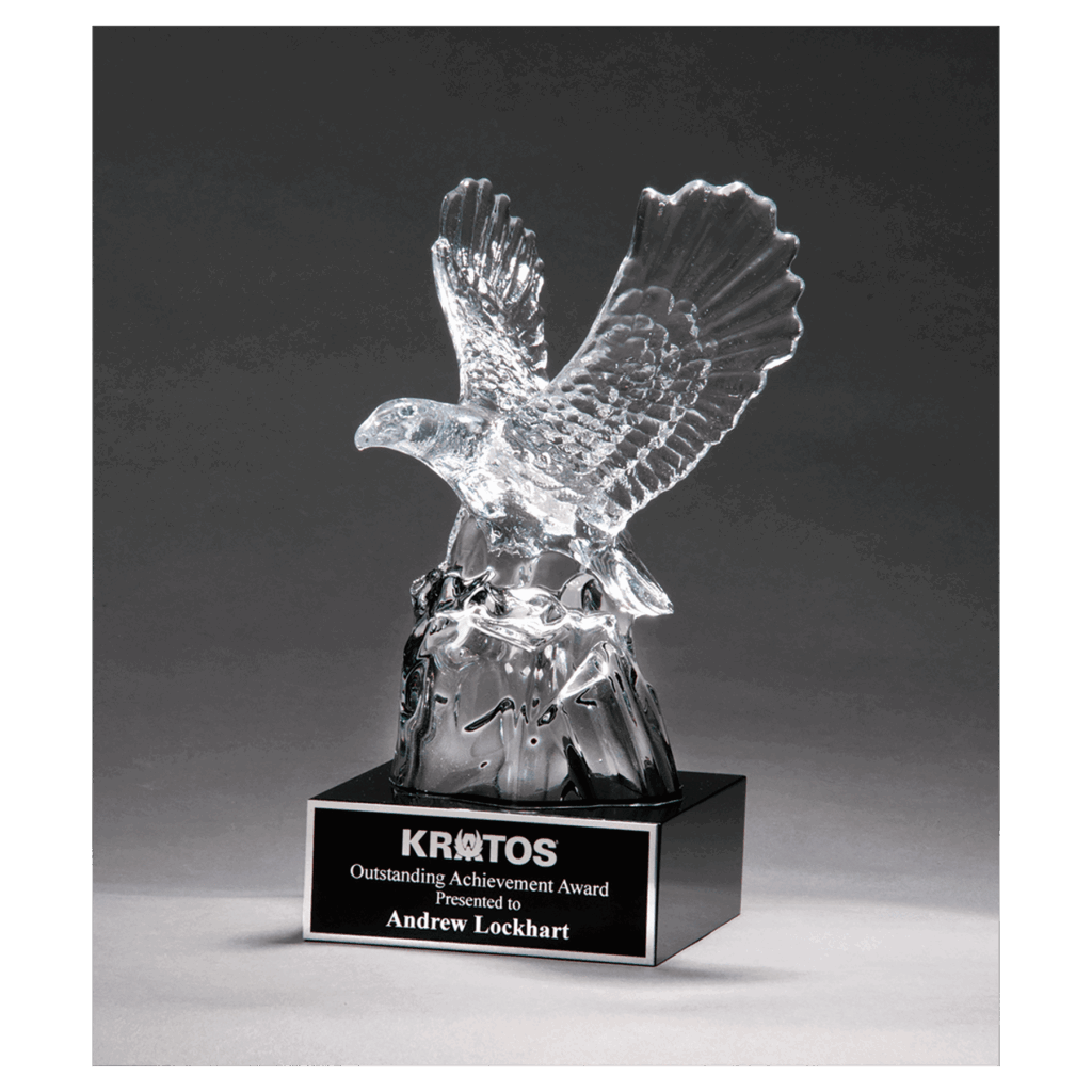 4 1/2" x 9 1/2" Beautiful Carved Crystal Eagle on a Black Crystal Base with Black Laserable Aluminum Plate