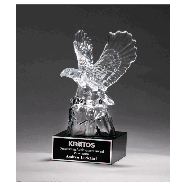 4 1/2" x 9 1/2" Beautiful Carved Crystal Eagle on a Black Crystal Base with Black Laserable Aluminum Plate