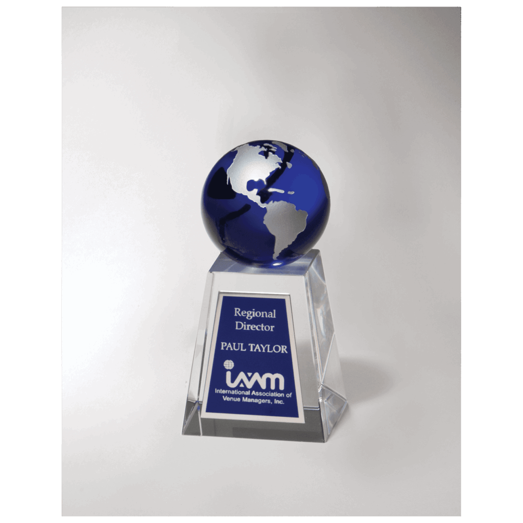2 5/8" x 5 1/4" Crystal Trophy with Blue Globe and Blue/Silver Plate
