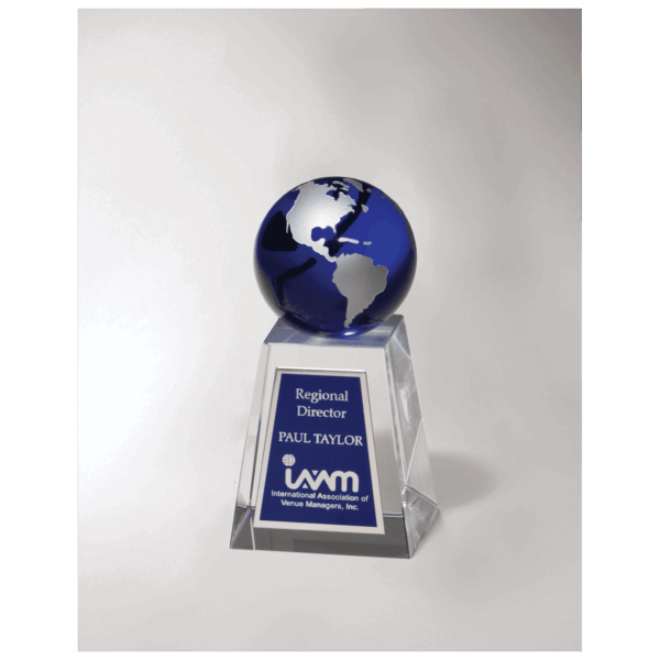 2 5/8" x 5 1/4" Crystal Trophy with Blue Globe and Blue/Silver Plate
