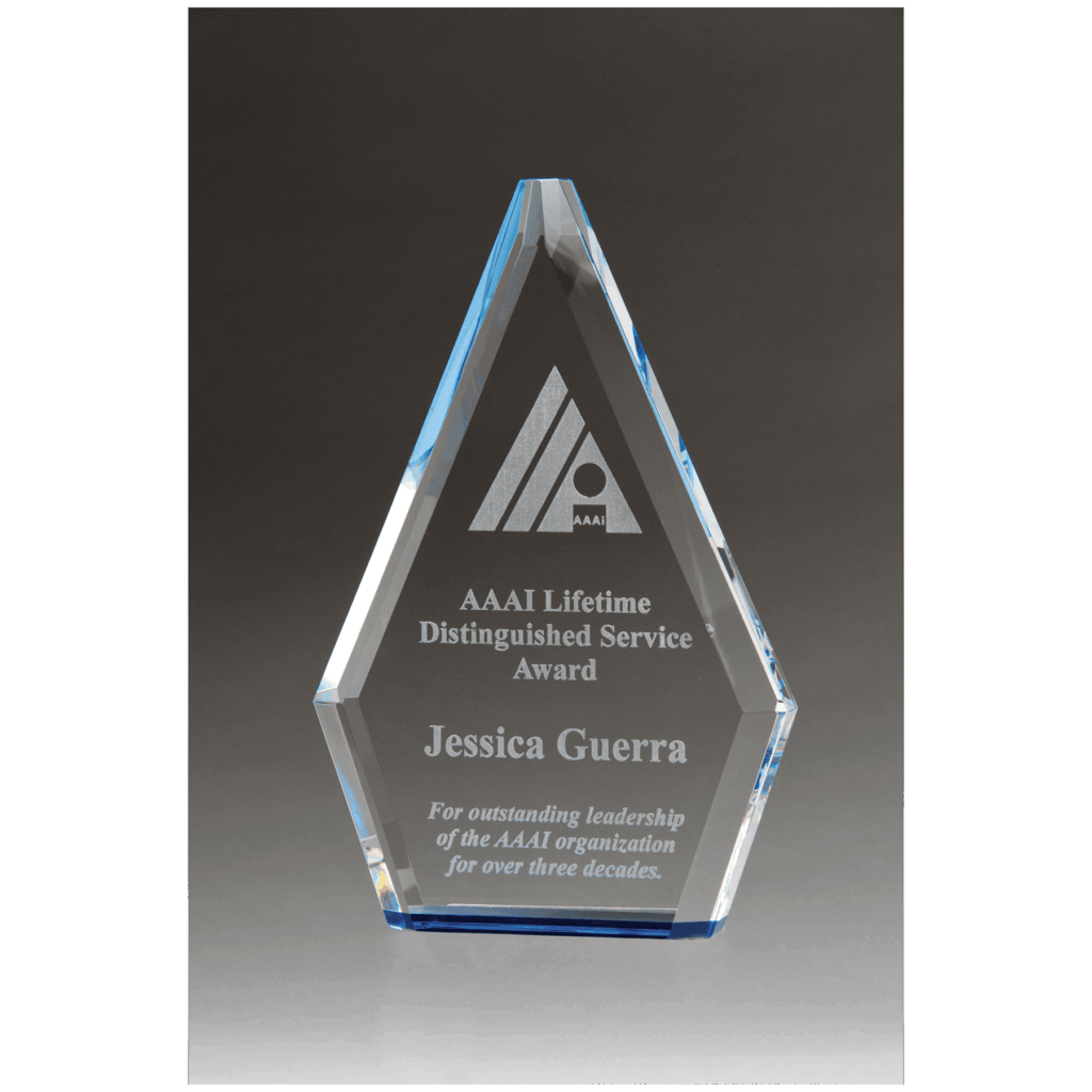 5 1/2" x 8" Flame Series Clear Crystal Award with Blue Accen               ted Bottom