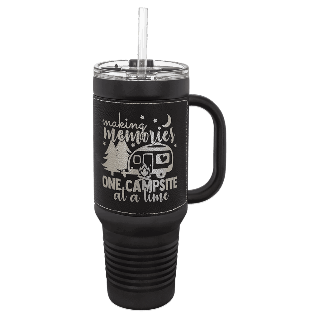 Polar Camel 40 oz. Black with Black/Silver Laserable Leatherette Travel Mug with a Handle & Straw