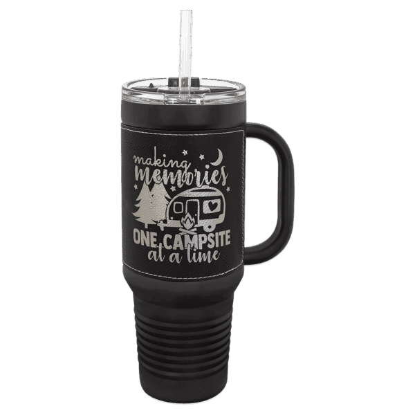 Polar Camel 40 oz. Black with Black/Silver Laserable Leatherette Travel Mug with a Handle & Straw