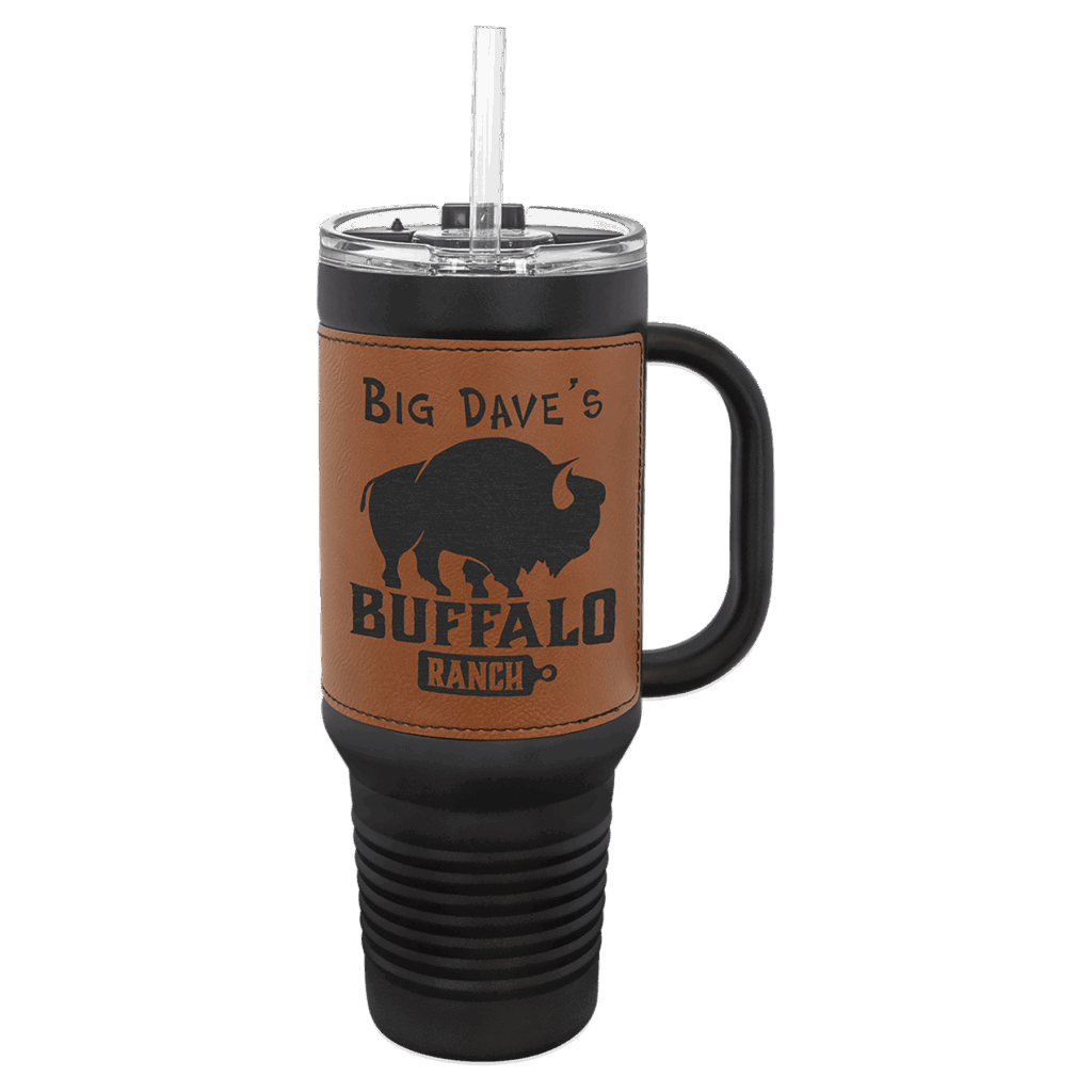 Polar Camel 40 oz. Black with Rawhide Laserable Leatherette Travel Mug with a Handle & Straw